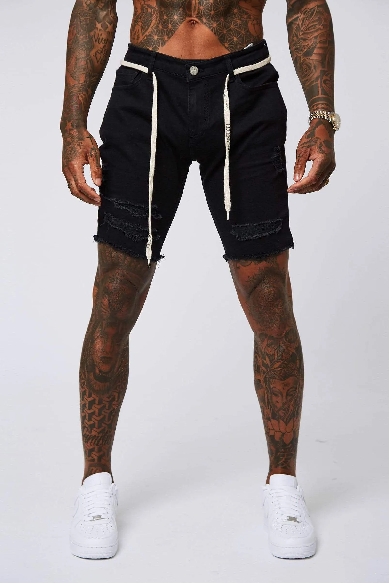 Black Denim Shorts - Ripped & Repaired