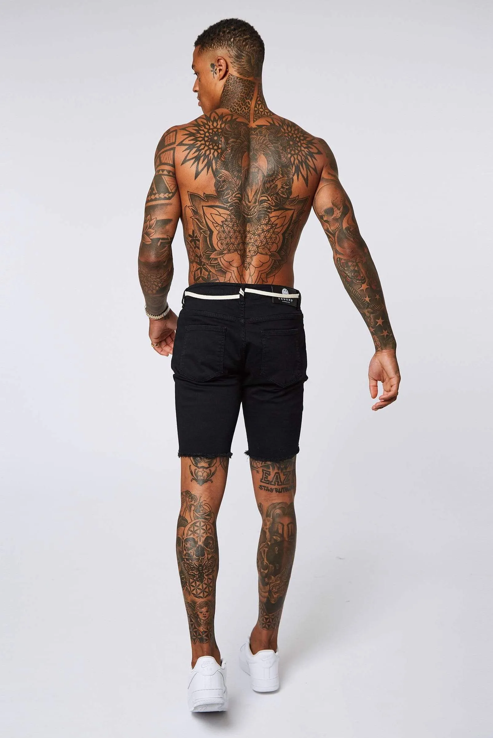 Black Denim Shorts - Ripped & Repaired