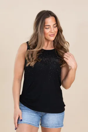 Black Sleeveless Top With Stones Knit Tank Top