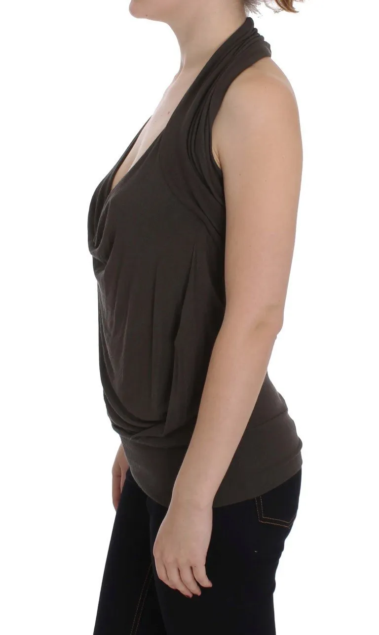 Brown Stretch Sleeveless Blouse