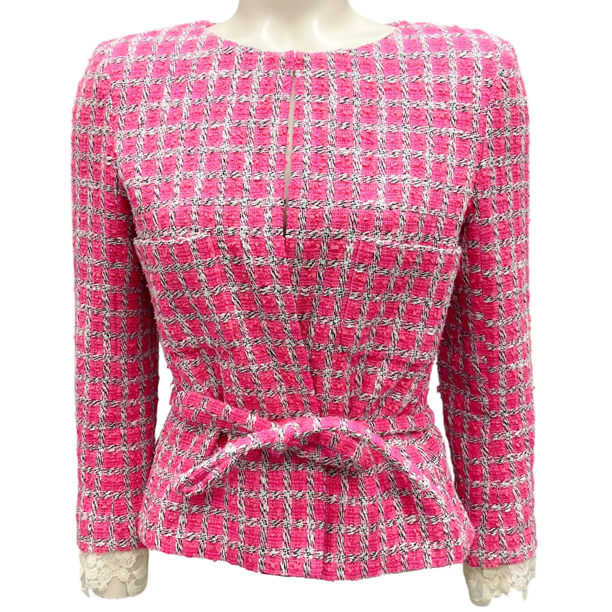 Chanel Summer Pink / White 2019 Belted Lace Trim Detail Lesage Tweed Jacket