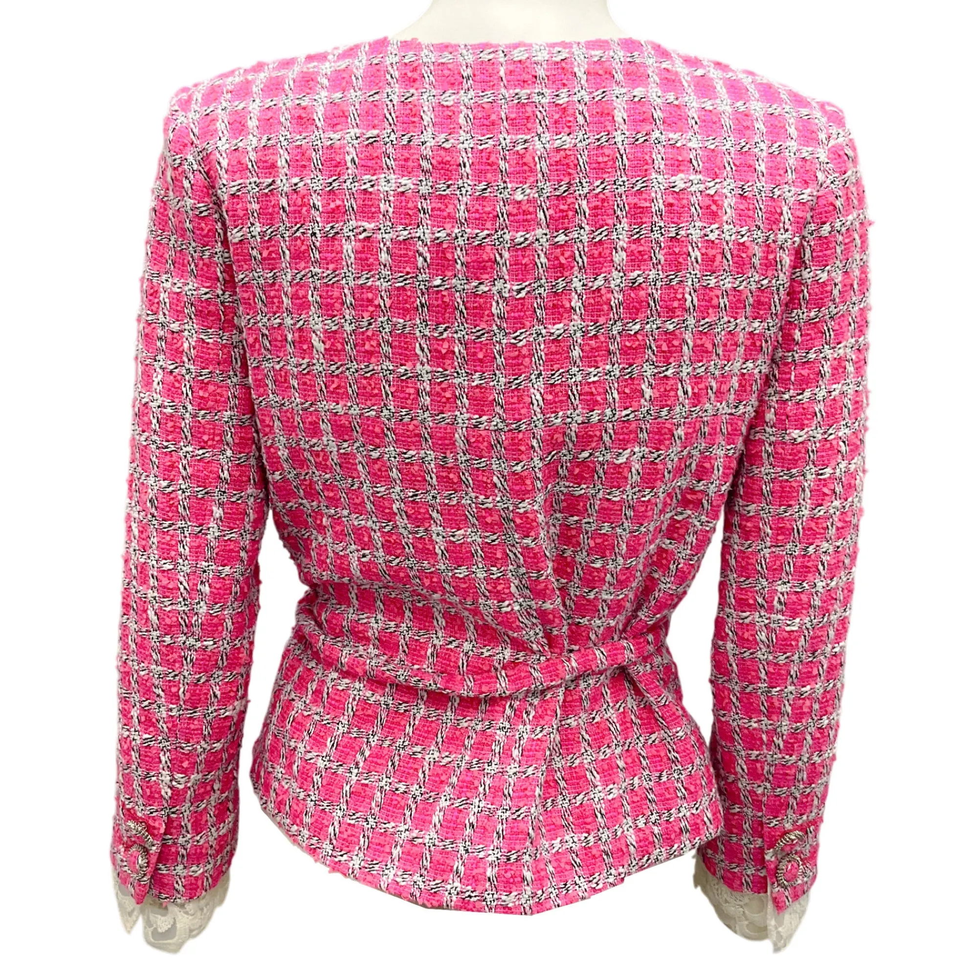 Chanel Summer Pink / White 2019 Belted Lace Trim Detail Lesage Tweed Jacket