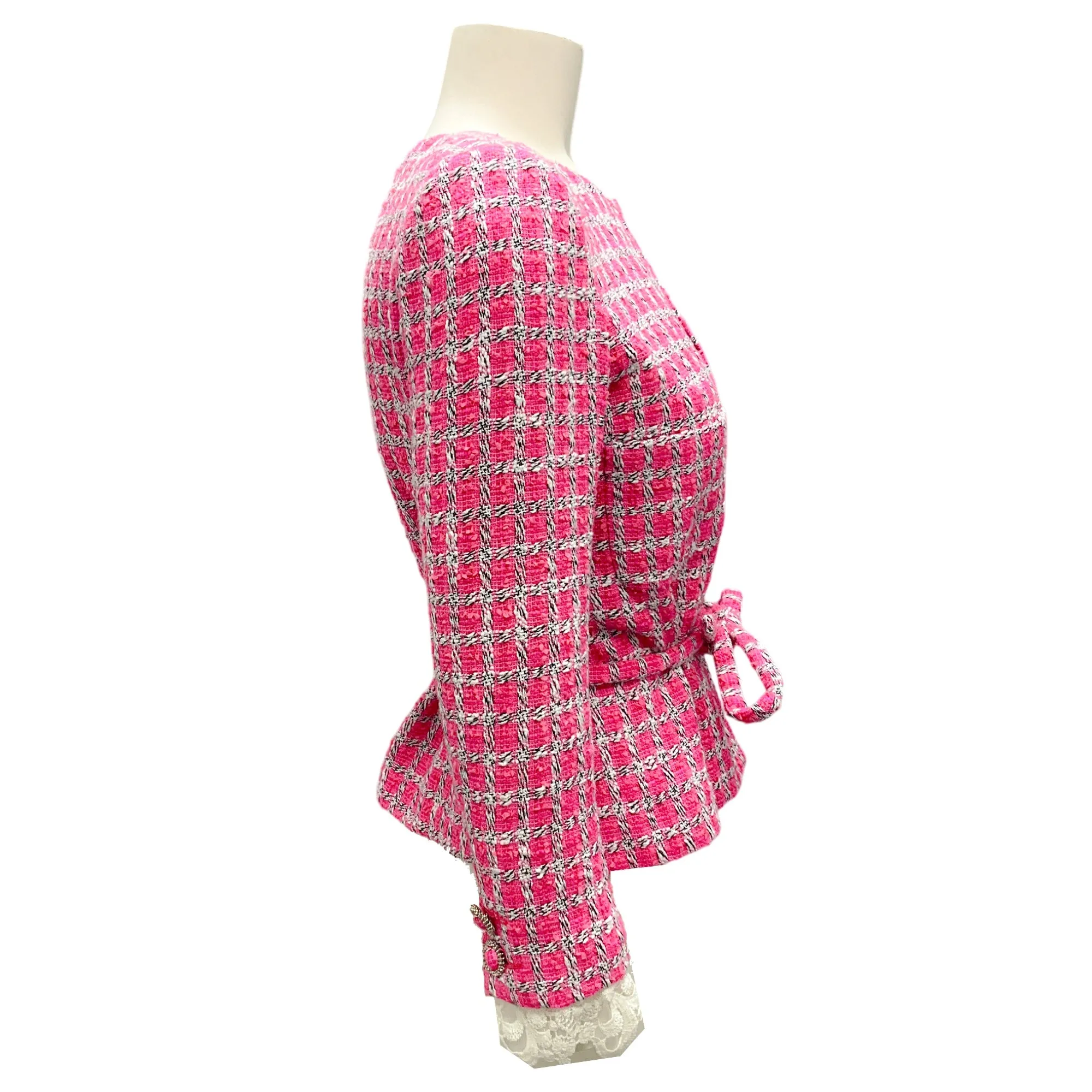 Chanel Summer Pink / White 2019 Belted Lace Trim Detail Lesage Tweed Jacket