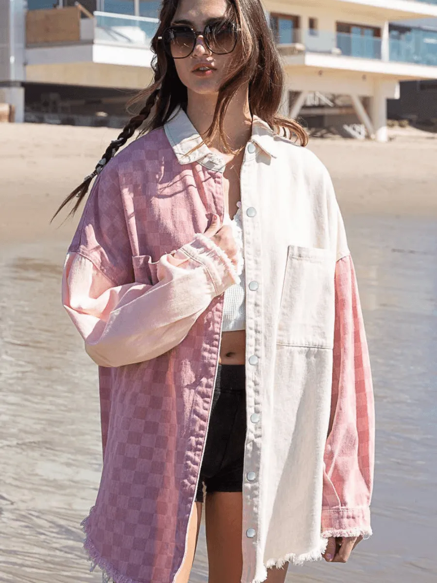 CHECK COTTON FRAYED DENIM SHACKET - PINK