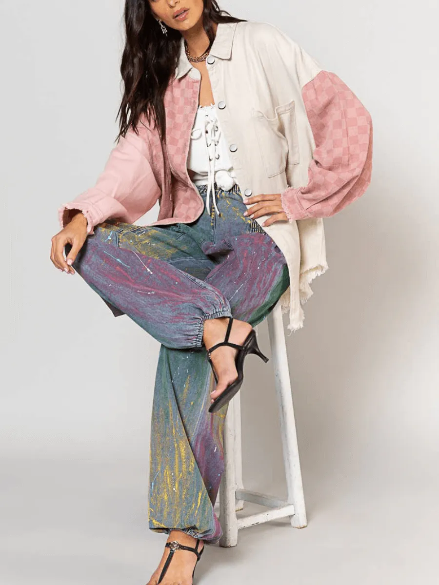 CHECK COTTON FRAYED DENIM SHACKET - PINK