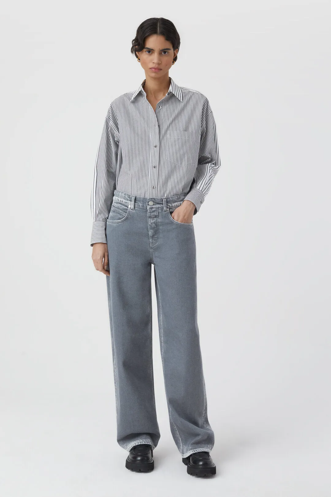 CLOSED WOMENS PATCHWORK SHIRT BLOUSE - CHARCOAL