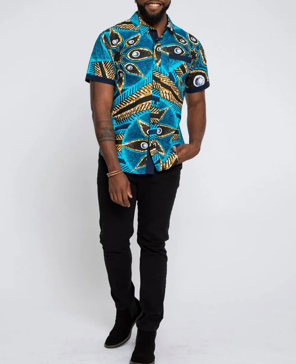 Deion Men's African Print Short Sleeve Button-Up Shirt (Sky Blue Flowers)