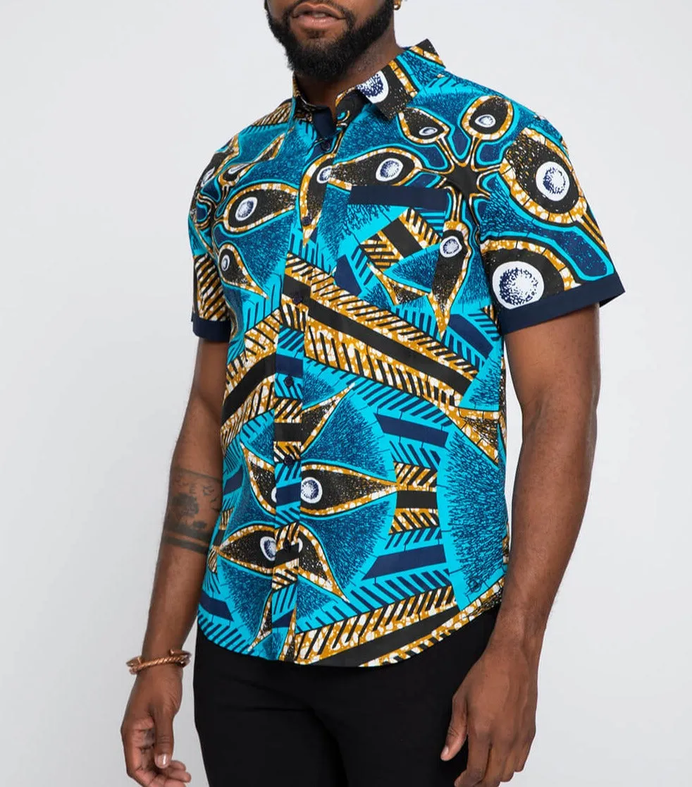 Deion Men's African Print Short Sleeve Button-Up Shirt (Sky Blue Flowers)