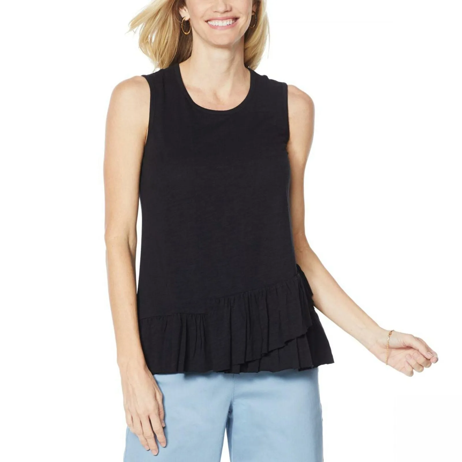 DG2 by Diane Gilman Women's Asymmetric Ruffle Tank Top Black XL