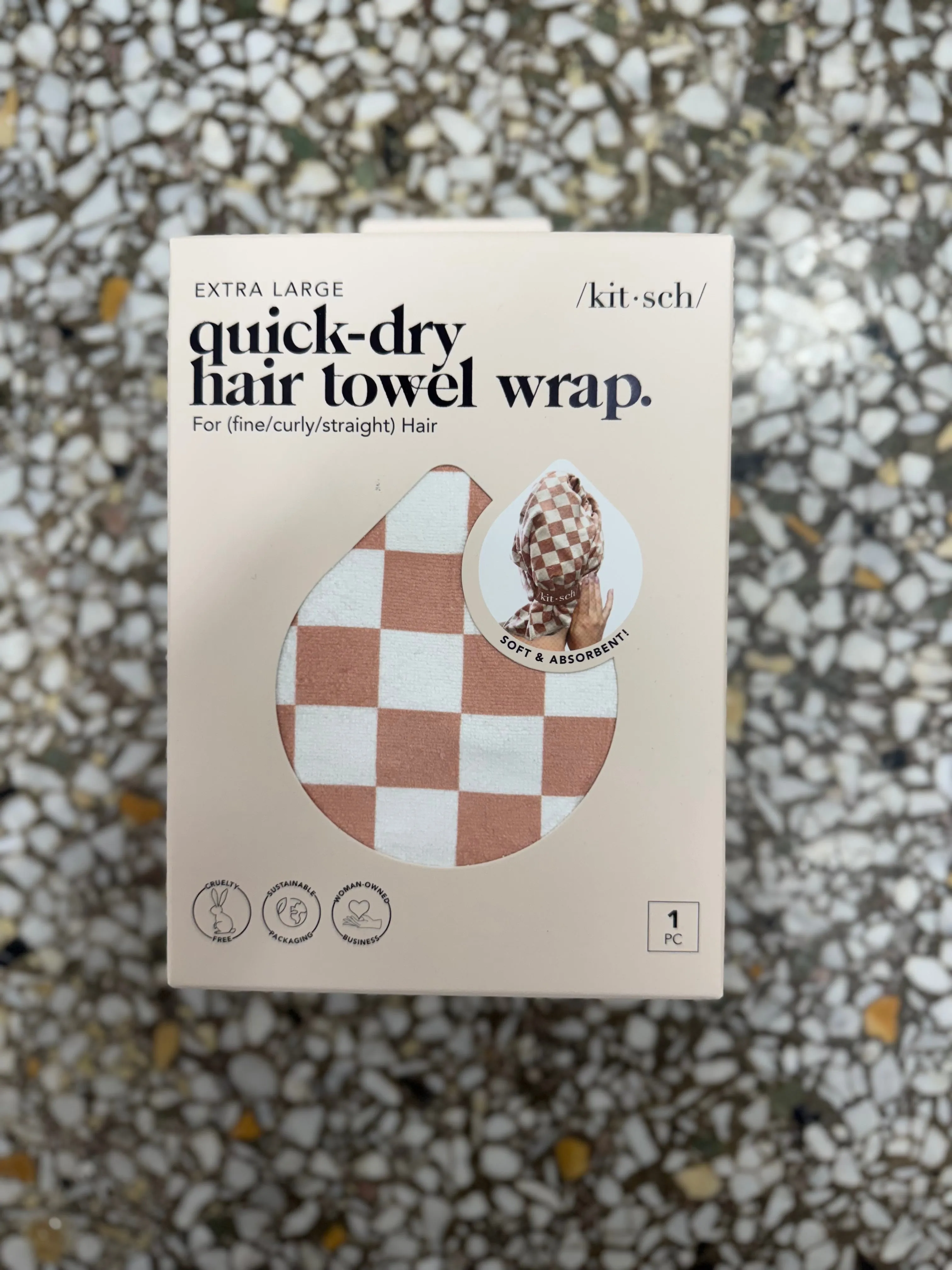 Extra Large Quick-Dry Hair Towel Wrap- Terracotta Checker