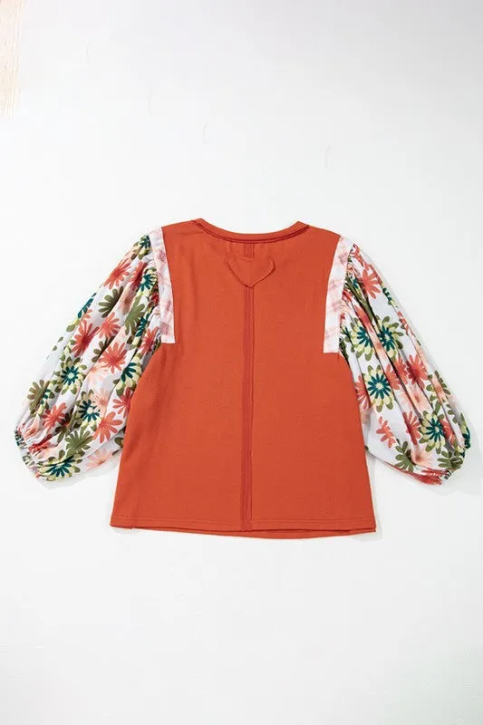 Floral Puff Sleeve Patchwork Round Neck Blouse