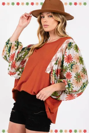 Floral Puff Sleeve Patchwork Round Neck Blouse