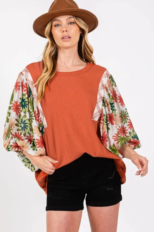 Floral Puff Sleeve Patchwork Round Neck Blouse
