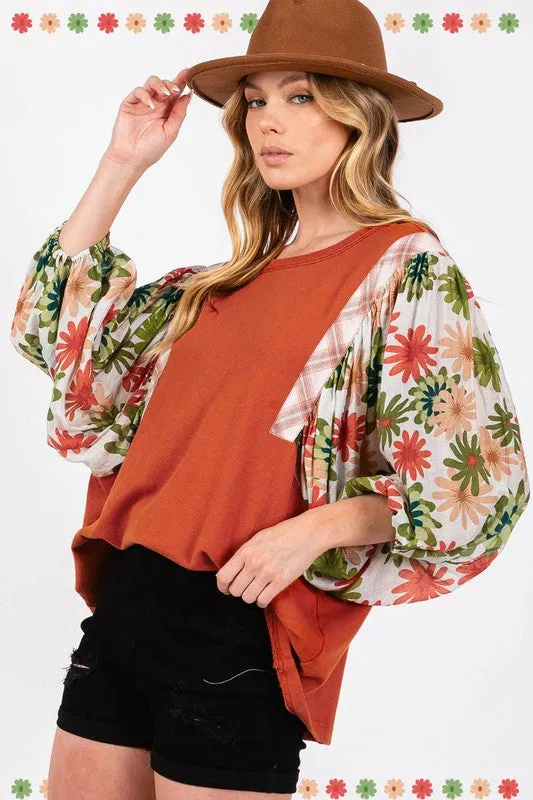 Floral Puff Sleeve Patchwork Round Neck Blouse