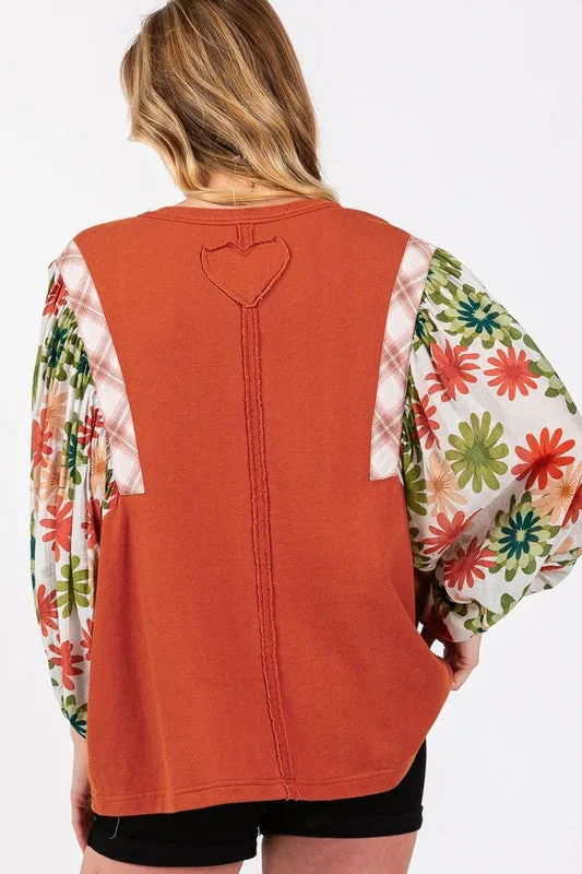 Floral Puff Sleeve Patchwork Round Neck Blouse