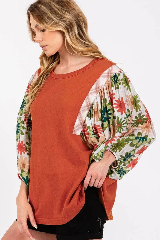 Floral Puff Sleeve Patchwork Round Neck Blouse