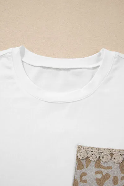 Hazel Blues® |  Leopard Patchwork Crochet Lace Trim Puff Sleeve T Shirt