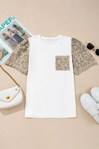 Hazel Blues® |  Leopard Patchwork Crochet Lace Trim Puff Sleeve T Shirt