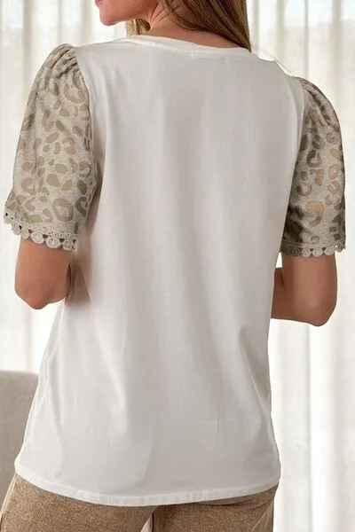 Hazel Blues® |  Leopard Patchwork Crochet Lace Trim Puff Sleeve T Shirt