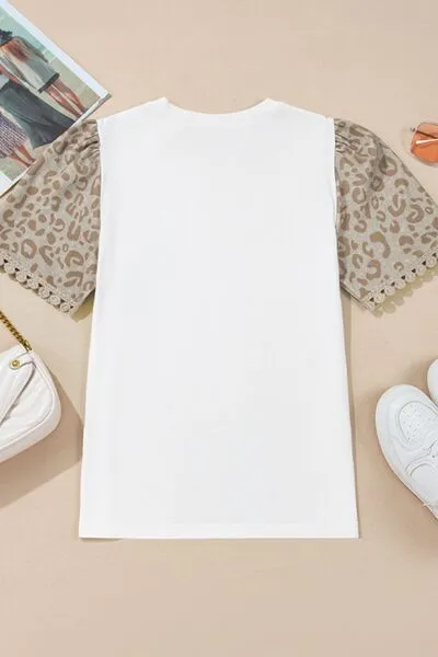 Hazel Blues® |  Leopard Patchwork Crochet Lace Trim Puff Sleeve T Shirt