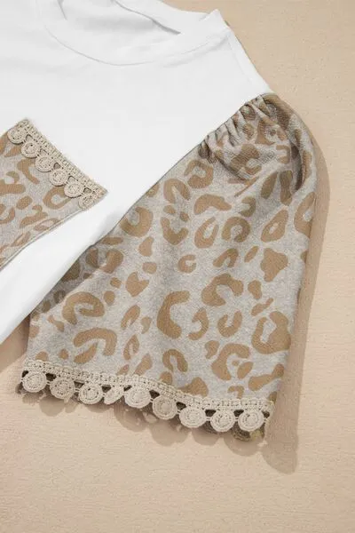Hazel Blues® |  Leopard Patchwork Crochet Lace Trim Puff Sleeve T Shirt
