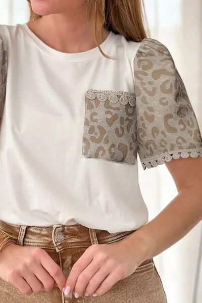 Hazel Blues® |  Leopard Patchwork Crochet Lace Trim Puff Sleeve T Shirt