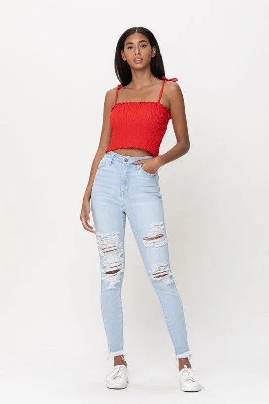 High Rise Destroy Frayed Hem Ankle Skinny