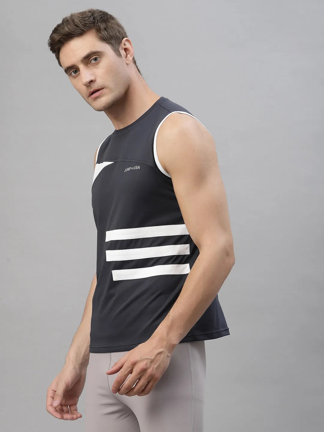 JUMP USA Men Blue & White Striped Active Wear T-shirt