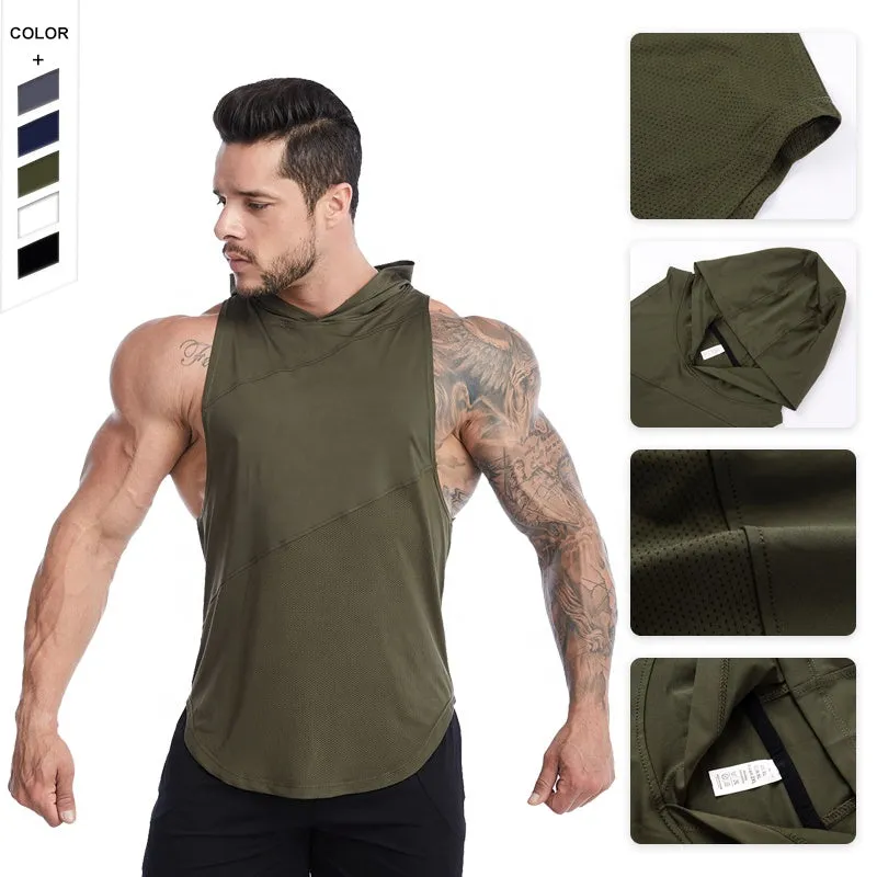 Men's Cross Border High Elasticity Breathable Hooded Loose Sleeveless Tank Top
