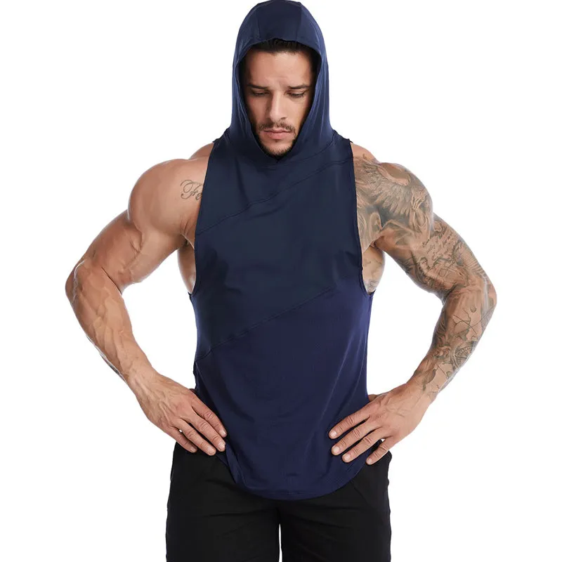 Men's Cross Border High Elasticity Breathable Hooded Loose Sleeveless Tank Top