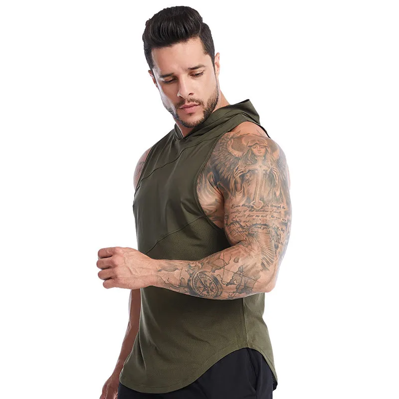 Men's Cross Border High Elasticity Breathable Hooded Loose Sleeveless Tank Top