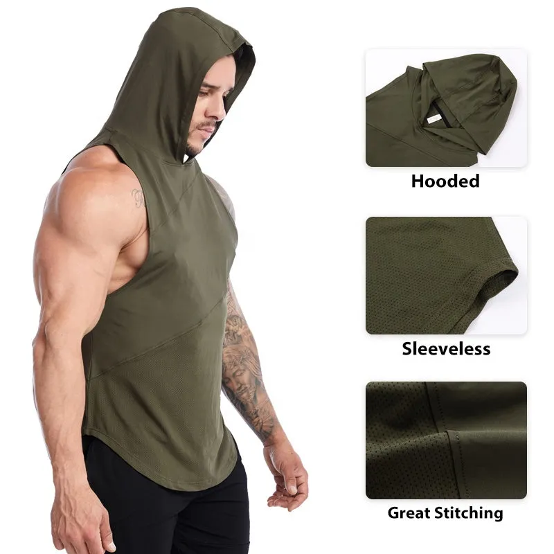 Men's Cross Border High Elasticity Breathable Hooded Loose Sleeveless Tank Top