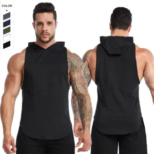 Men's Cross Border High Elasticity Breathable Hooded Loose Sleeveless Tank Top