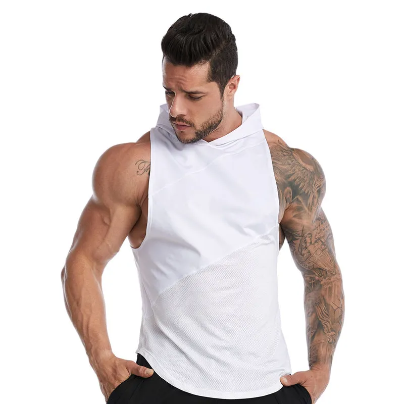 Men's Cross Border High Elasticity Breathable Hooded Loose Sleeveless Tank Top