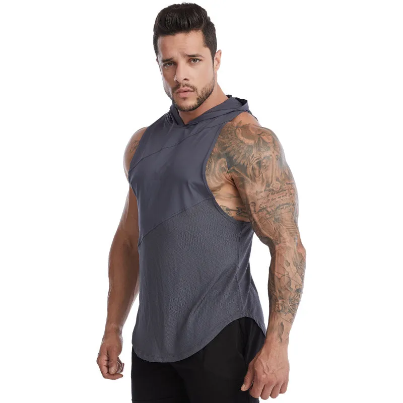 Men's Cross Border High Elasticity Breathable Hooded Loose Sleeveless Tank Top