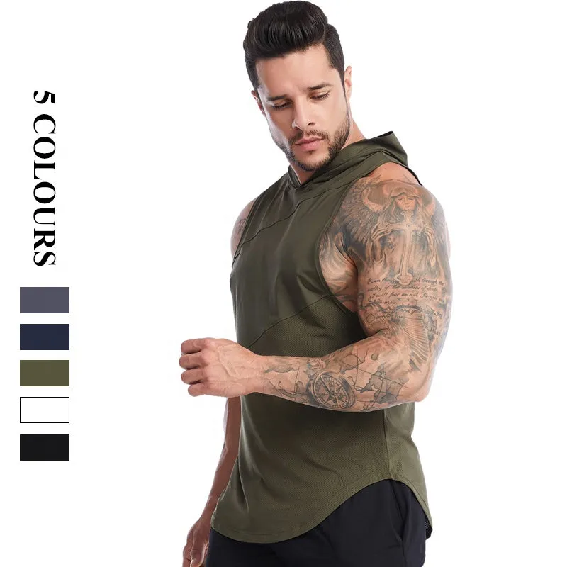 Men's Cross Border High Elasticity Breathable Hooded Loose Sleeveless Tank Top