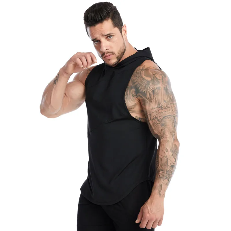 Men's Cross Border High Elasticity Breathable Hooded Loose Sleeveless Tank Top