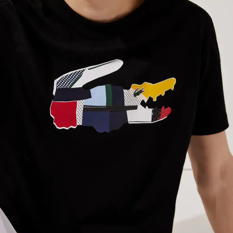 Men's Lacoste SPORT Patchwork Crocodile Print Cotton T-shirt - Black - TH0822