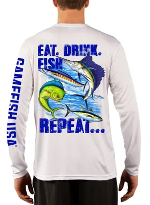 Men's UPF 50 Long Sleeve Microfiber Moisture Wicking Performance Fishing Shirt Gamefish Repeat