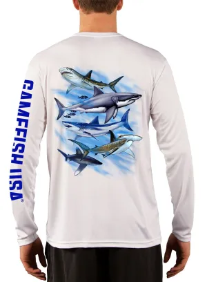 Men's UPF 50 Long Sleeve Microfiber Moisture Wicking Performance Fishing Shirt Sharks