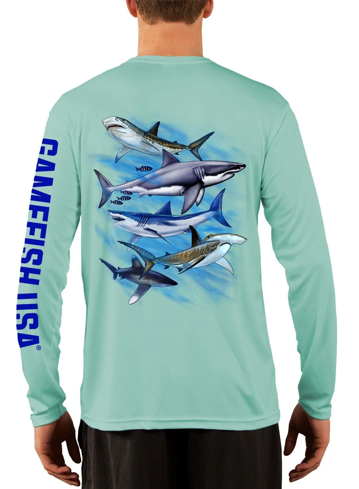 Men's UPF 50 Long Sleeve Microfiber Moisture Wicking Performance Fishing Shirt Sharks