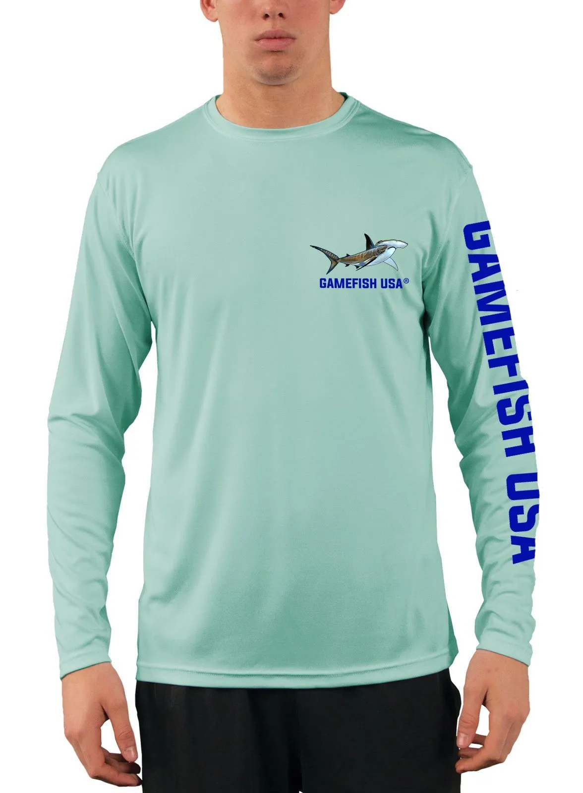 Men's UPF 50 Long Sleeve Microfiber Moisture Wicking Performance Fishing Shirt Sharks