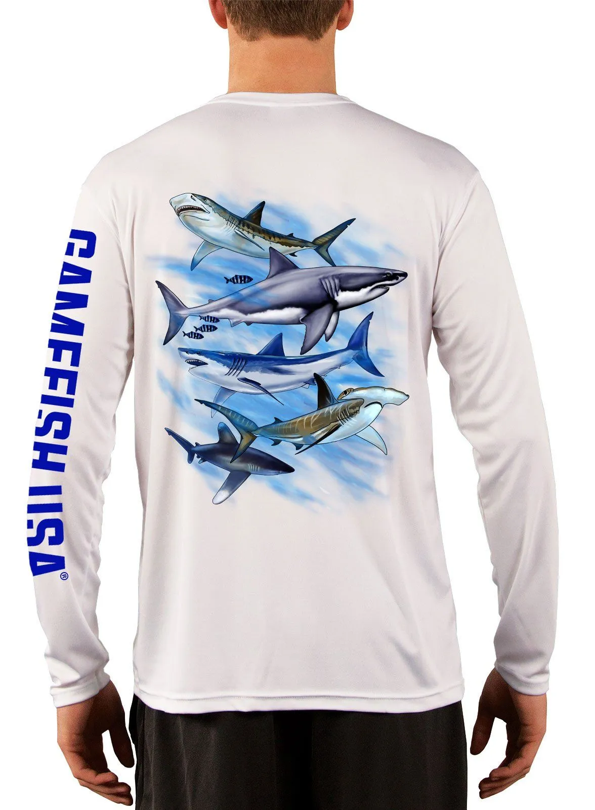 Men's UPF 50 Long Sleeve Microfiber Moisture Wicking Performance Fishing Shirt Sharks