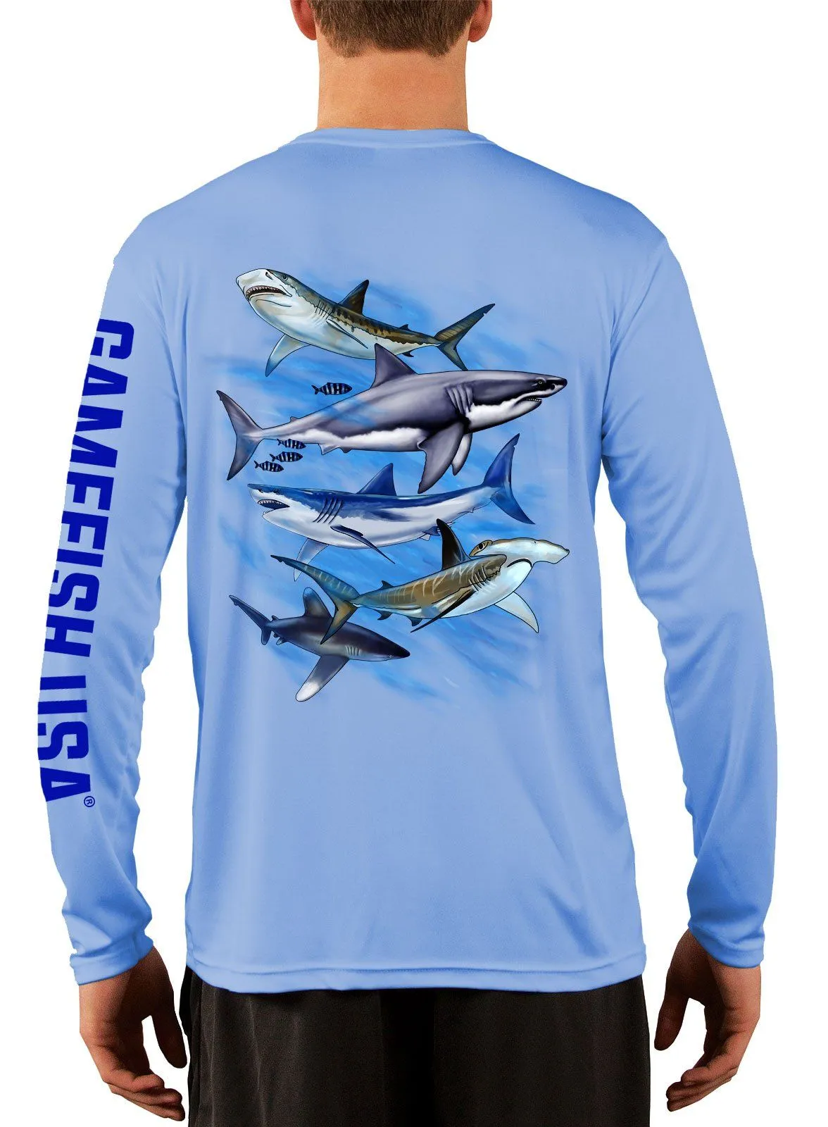 Men's UPF 50 Long Sleeve Microfiber Moisture Wicking Performance Fishing Shirt Sharks