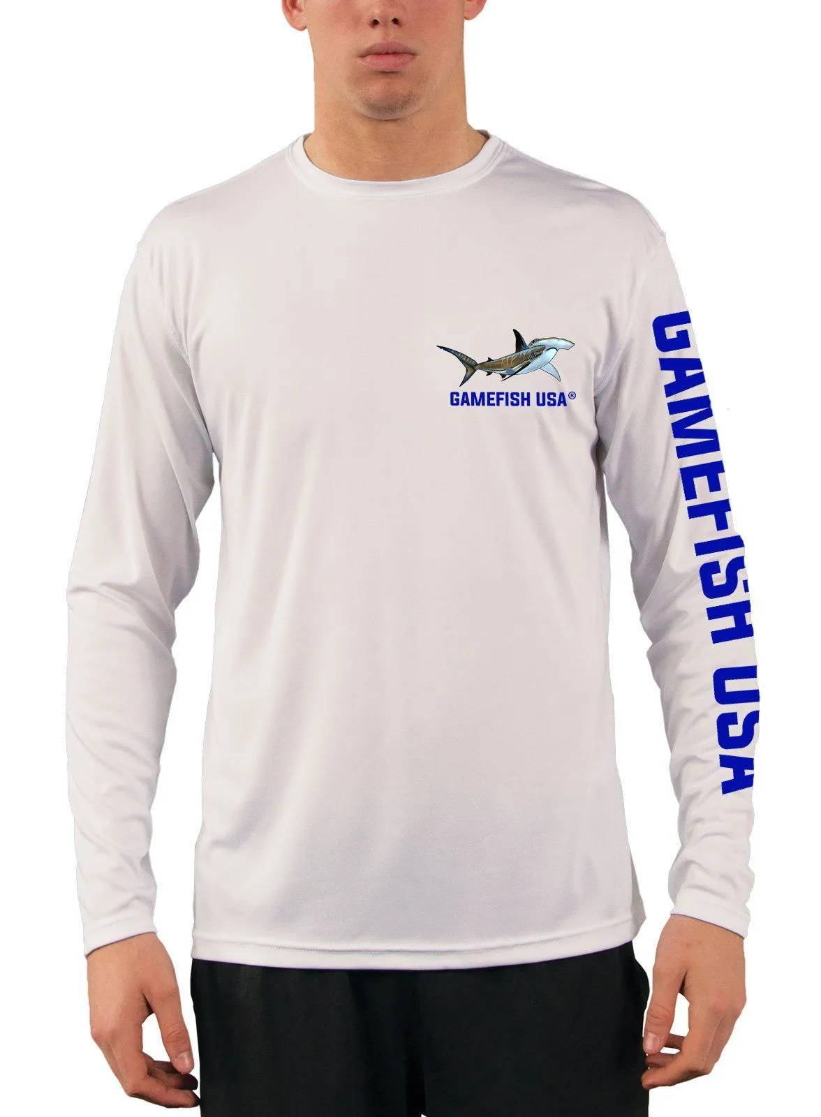 Men's UPF 50 Long Sleeve Microfiber Moisture Wicking Performance Fishing Shirt Sharks