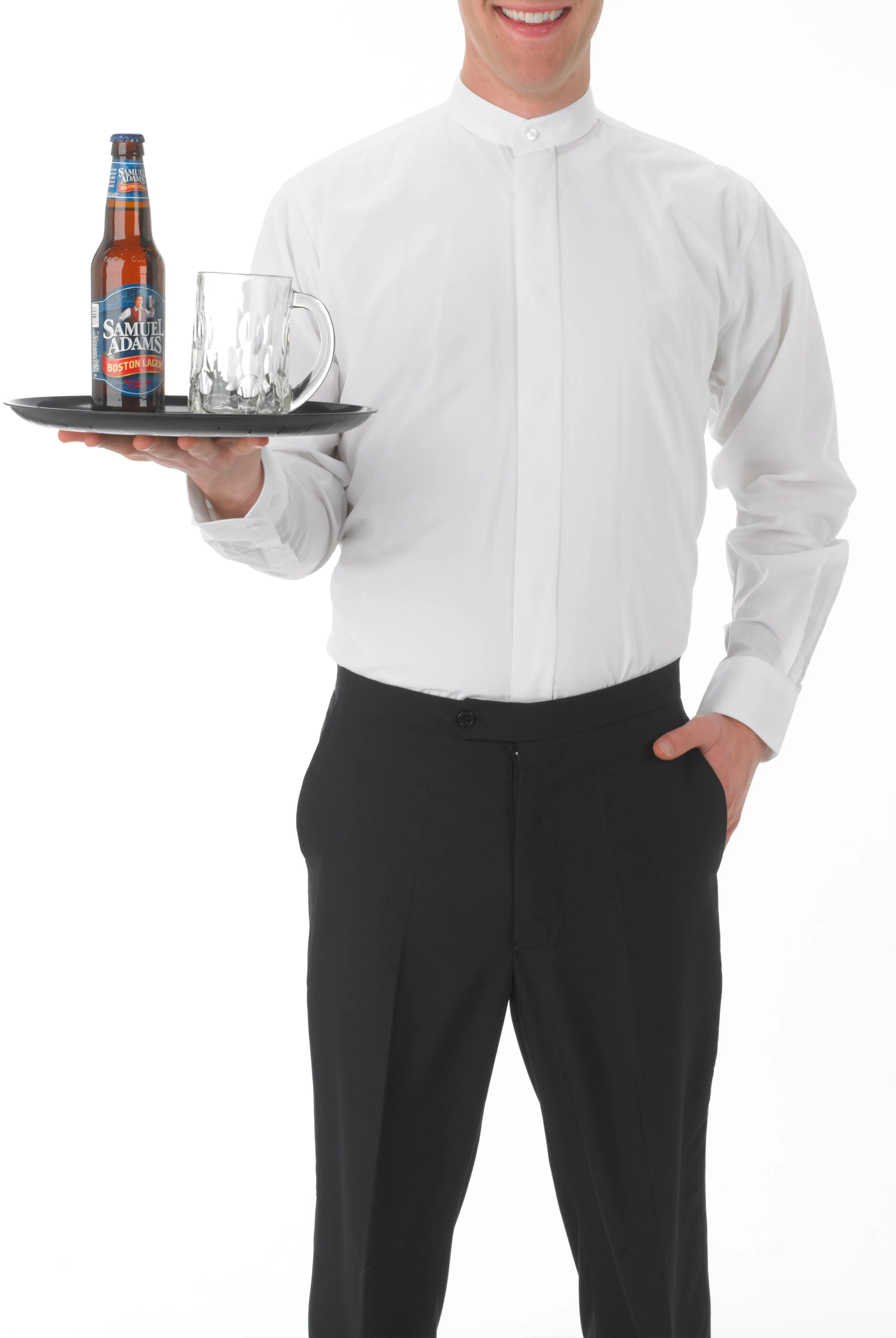 Men's White, Banded Collar, Long Sleeve Dress Shirt