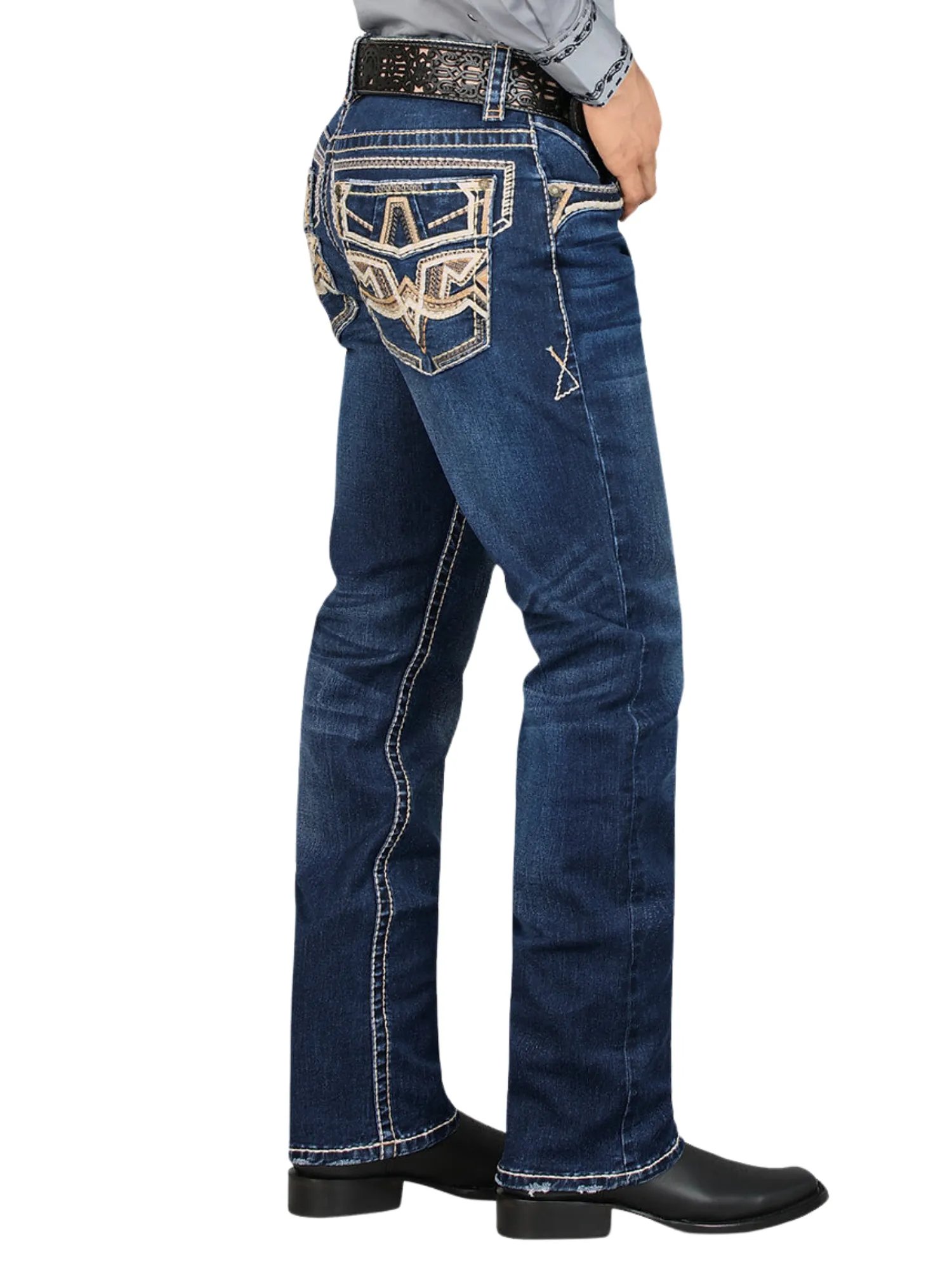 Pantalon Vaquero de Mezclilla Bordado Stretch Boot Cut para Hombre 'Montero' - ID: 4593