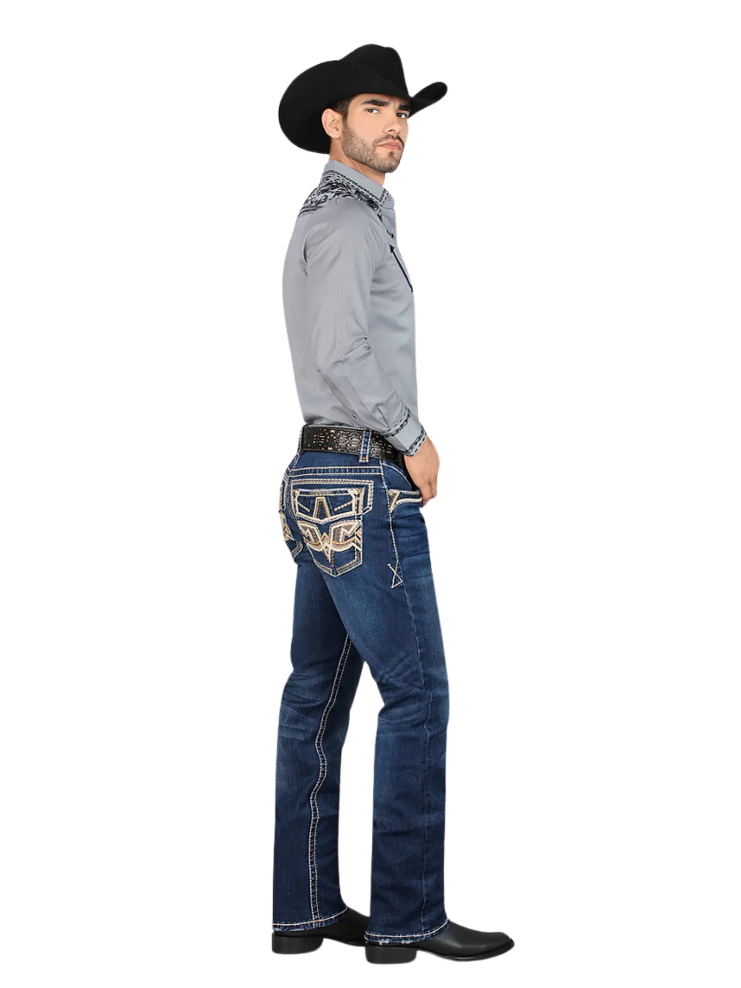 Pantalon Vaquero de Mezclilla Bordado Stretch Boot Cut para Hombre 'Montero' - ID: 4593