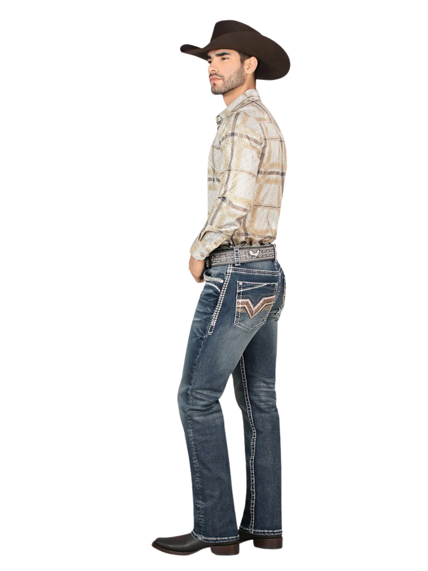 Pantalon Vaquero de Mezclilla Bordado Stretch Boot Cut para Hombre 'Montero' - ID: 4595