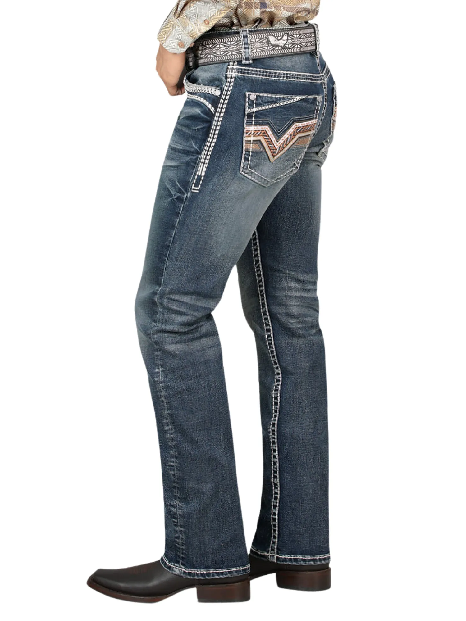 Pantalon Vaquero de Mezclilla Bordado Stretch Boot Cut para Hombre 'Montero' - ID: 4595